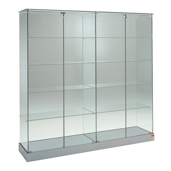 Vitrine colonne en verre pour exposition de produits et objets précieux.