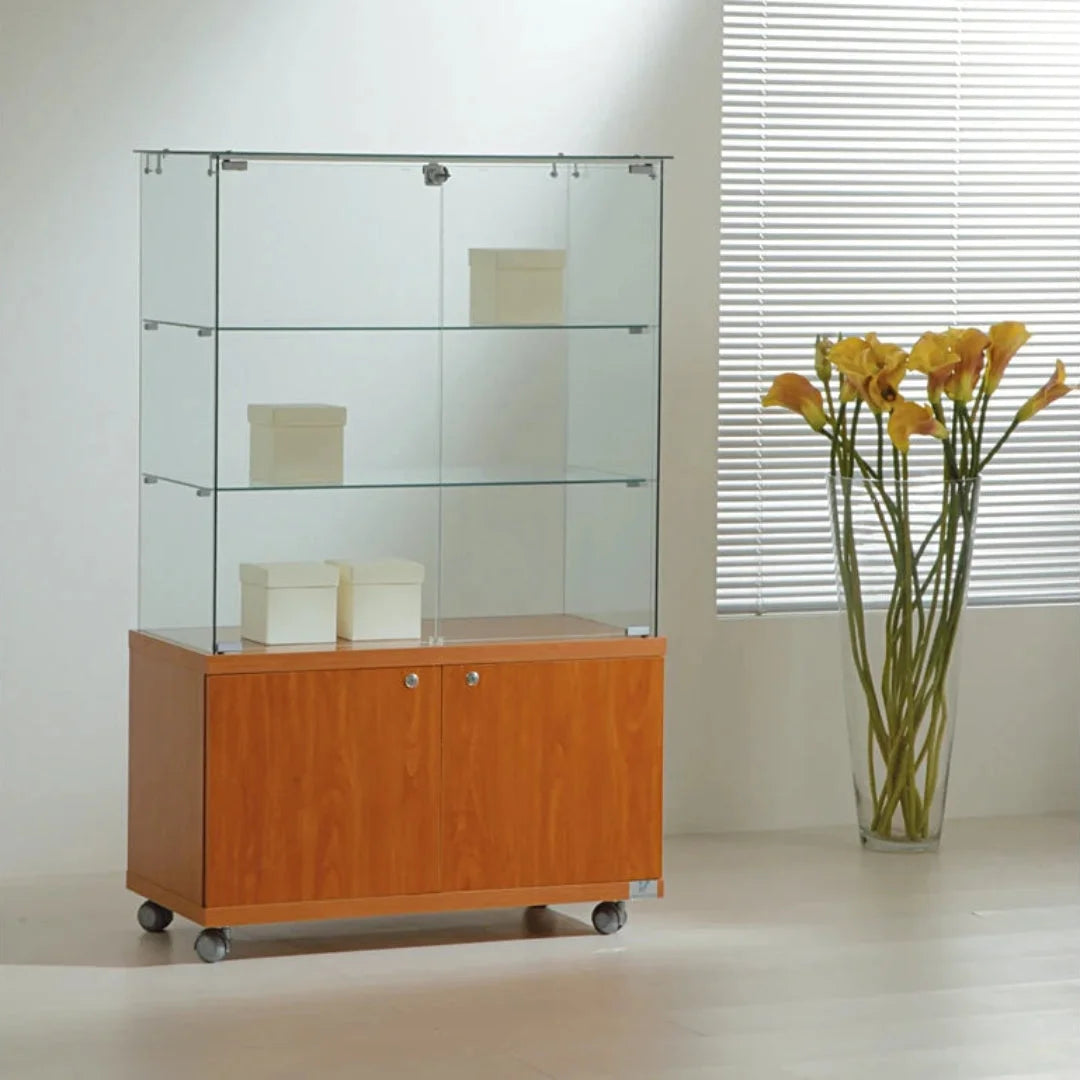 Vitrine d'exposition 80 cm en verre trempé avec box de rangement et éclairage LED intégré