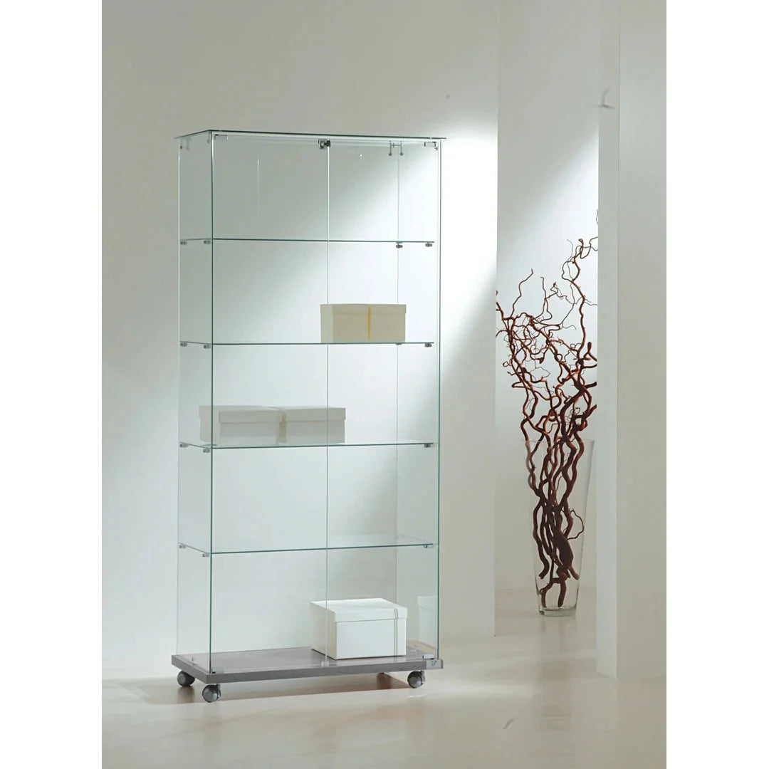 Vitrine armoire en verre trempé coloris Argent, largeur 80 cm, sur roulettes