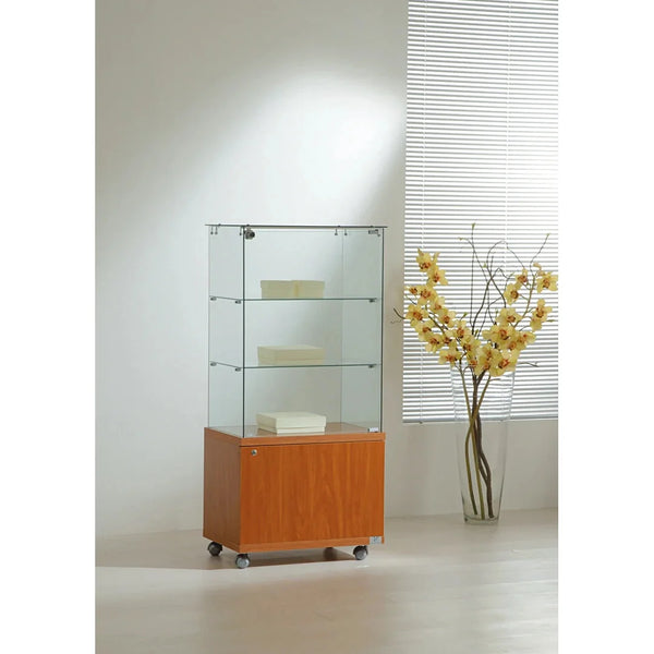 Vitrine commerciale en verre trempé avec étagères intérieures et structure en stratifié coloris bois