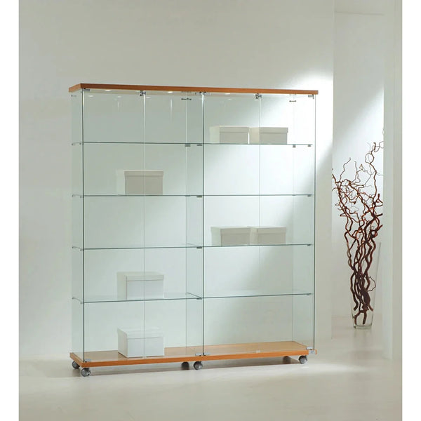 Vitrine d'exposition verre trempé LED, largeur 157 cm, déplaçable sur roulettes