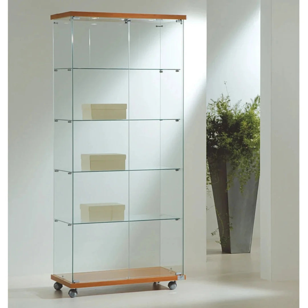 Vitrine d'exposition en verre trempé avec éclairage LED, largeur 80 cm, sur roulettes