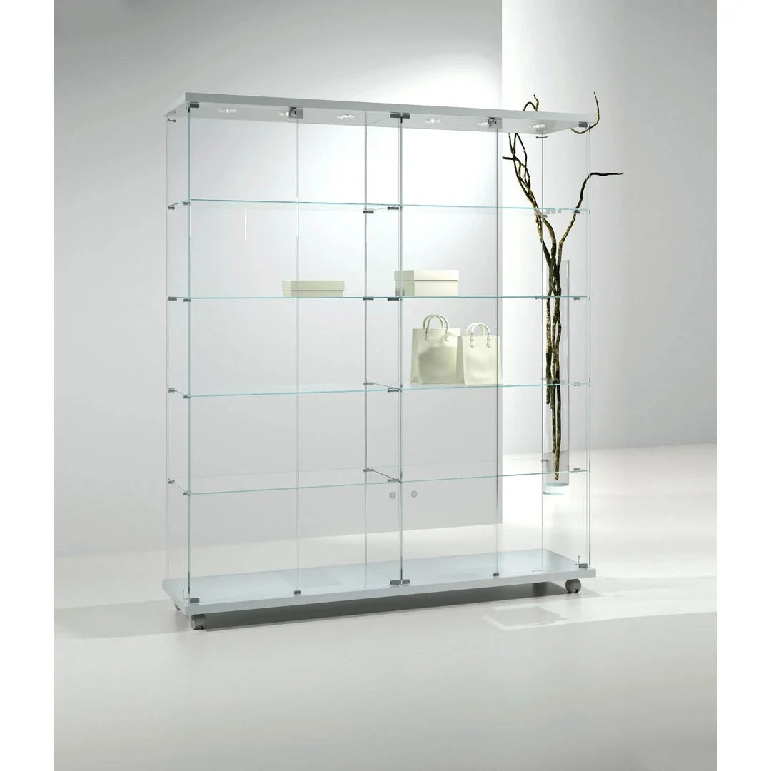 Vitrine d'exposition en verre trempé LED coloris Argent, largeur 157 cm, sur roulettes