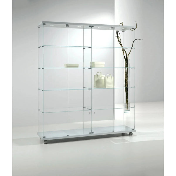 Vitrine d'exposition en verre trempé LED coloris Argent, largeur 157 cm, sur roulettes