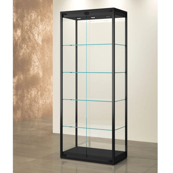 Grande vitrine verticale en verre TM-75V avec structure aluminium noir et étagères.