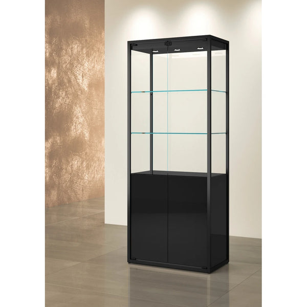 Vitrine verticale TM-75VM avec rangement inférieur fermé et finition aluminium noir.