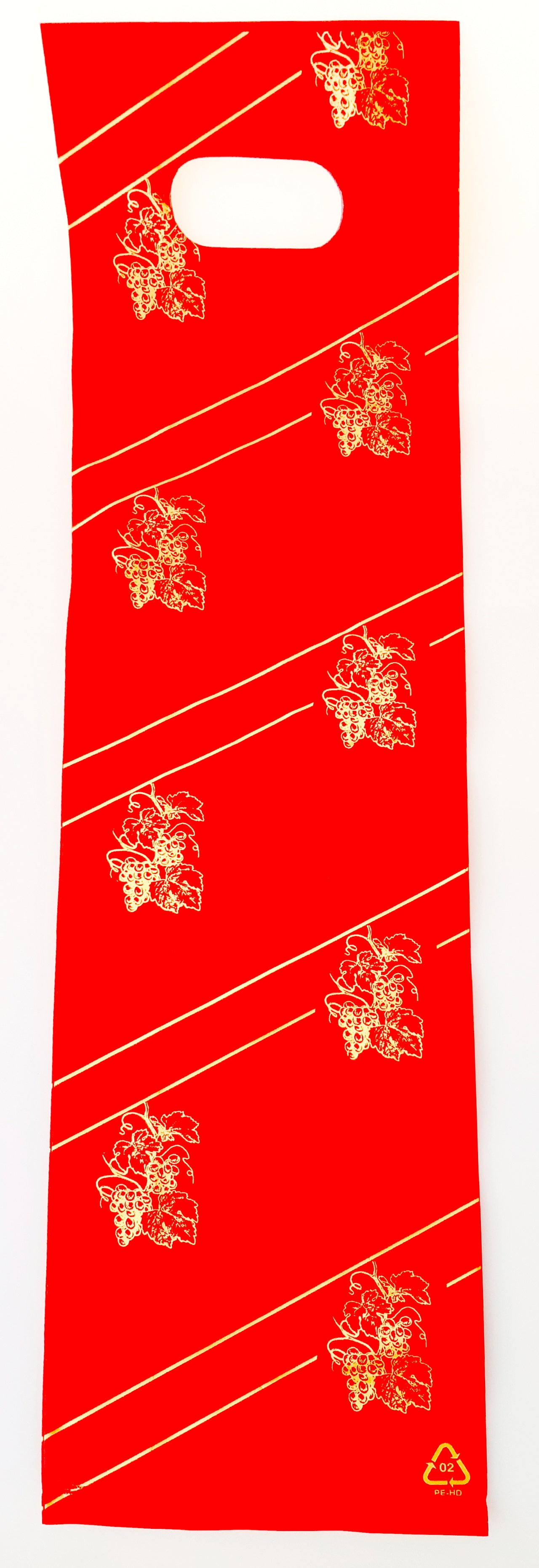 DittaDisplay Retail solutions sac plastique poignée découpée rouge or motif vigne plastic bag with cut-out handle red gold vine motif Plastiktüte mit ausgeschnittenem Henkel rot gold Rankenmotiv