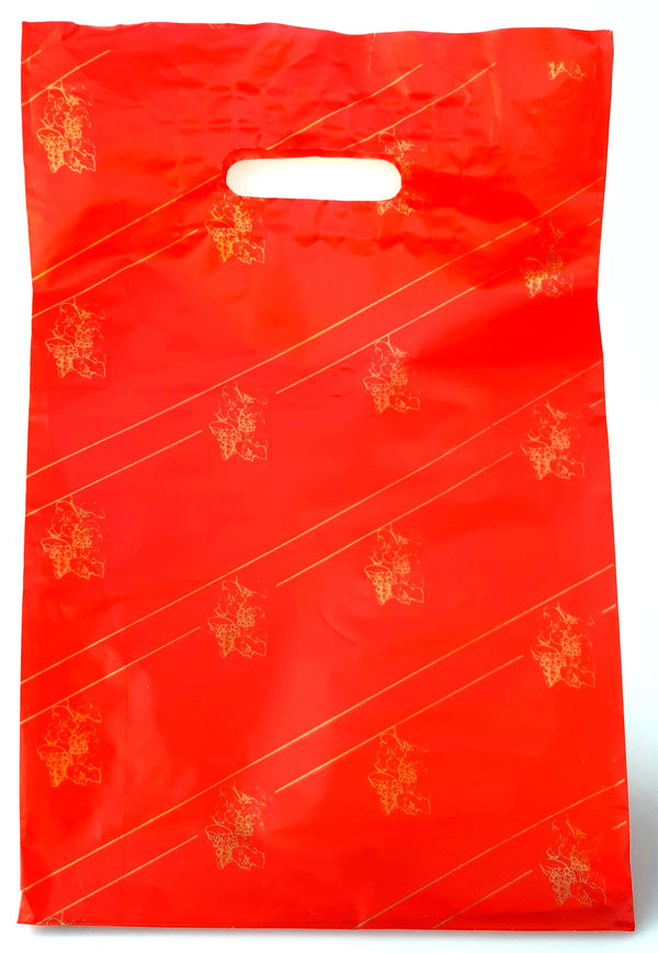 DittaDisplay Retail solutions sac plastique poignée découpée rouge or motif vigne plastic bag with cut-out handle red gold vine motif Plastiktüte mit ausgeschnittenem Henkel rot gold Rankenmotiv