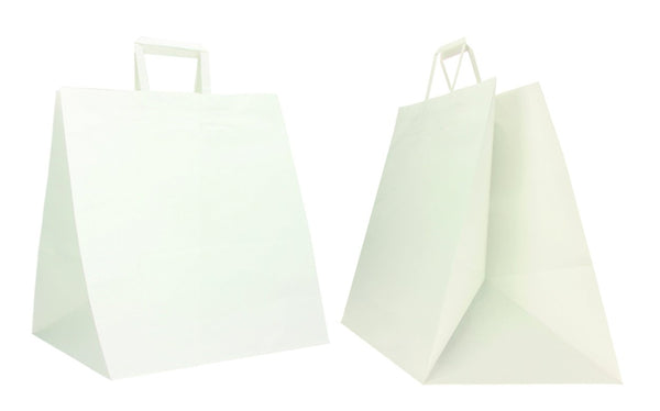 DittaDisplay Shop Systems Sac traiteur fond large papier kraft 120gr brun/blanc poignées plates Traiteurtasche mit breitem Boden Kraftpapier braun/weiß flache Griffe Catering bag large bottom kraft paper brown/white flat handles