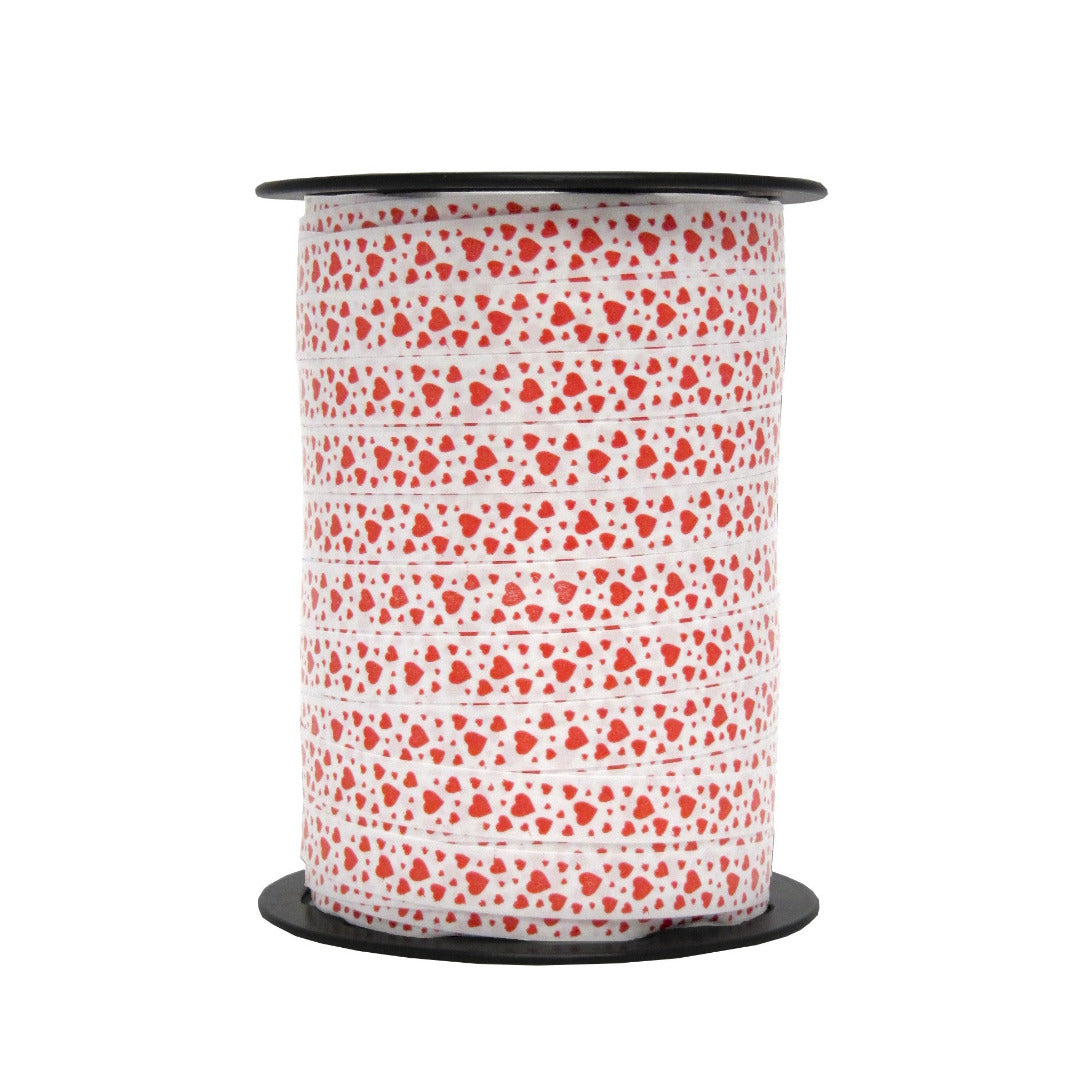 Bobine de bolduc imprimé cœurs rouge et blanc 10 mm x 225 m – ruban décoratif romantique pour emballages cadeaux et décorations