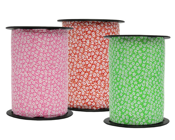Bobine de bolduc imprimé fleurs 10 mm x 225 m – ruban décoratif rouge, rose ou vert pour emballages cadeaux et compositions florales