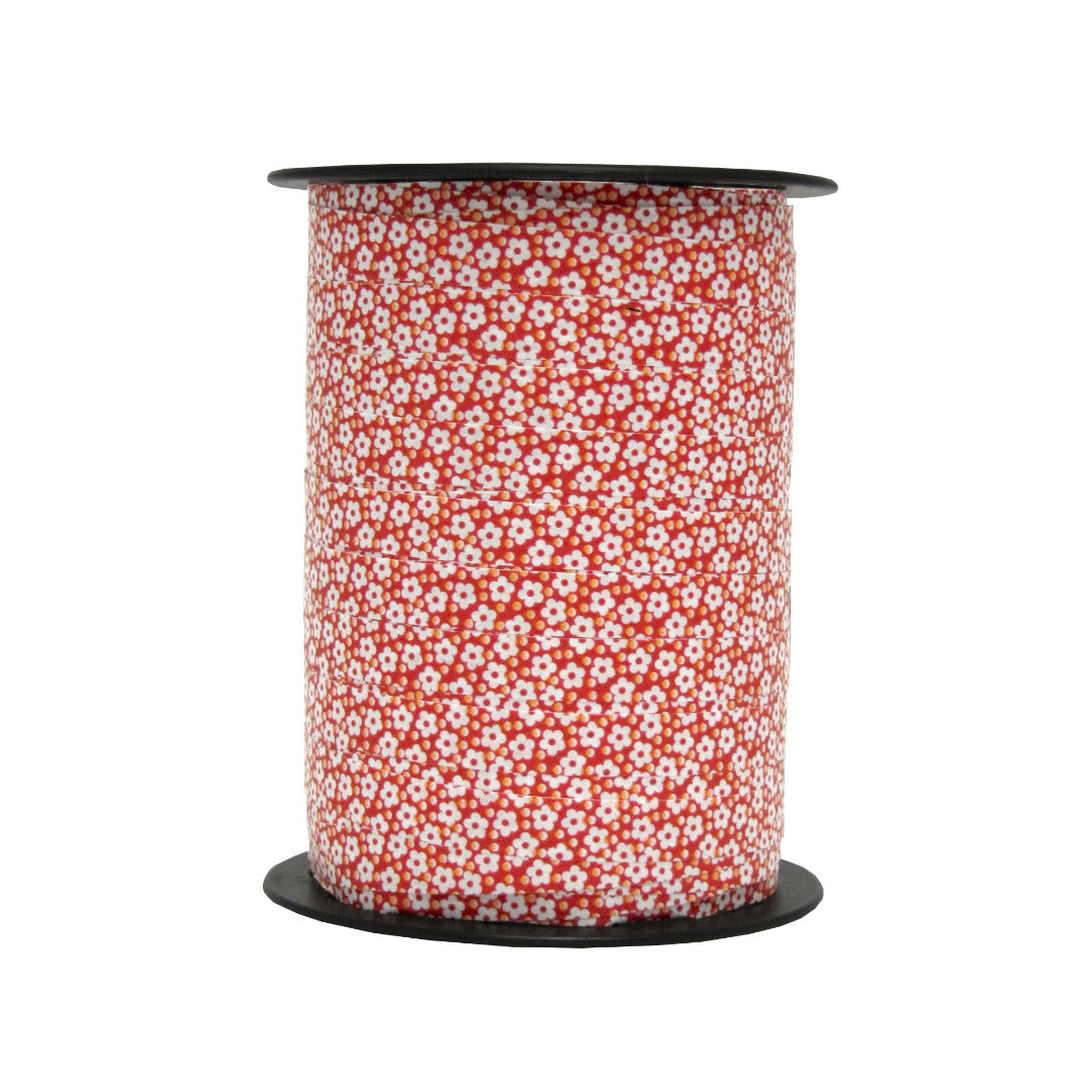 Bobine de bolduc imprimé fleurs rouge 10 mm x 225 m – ruban décoratif rouge, rose ou vert pour emballages cadeaux et compositions florales