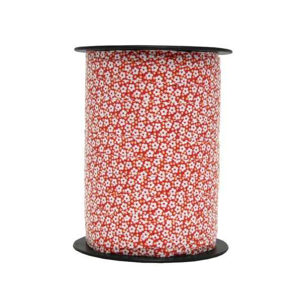 Bobine de bolduc imprimé fleurs rouge 10 mm x 225 m – ruban décoratif rouge, rose ou vert pour emballages cadeaux et compositions florales