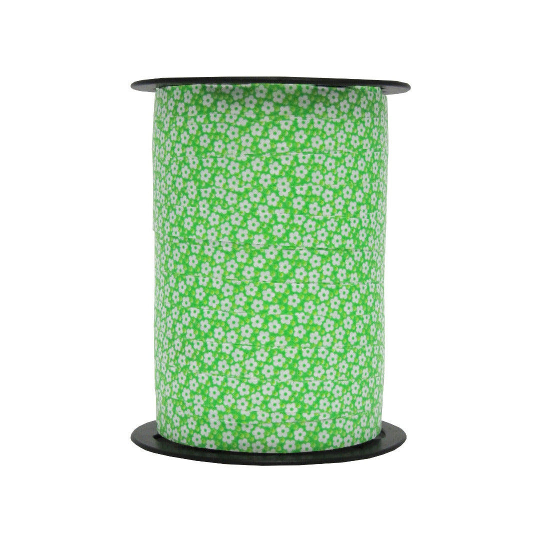 Bobine de bolduc imprimé fleurs verte 10 mm x 225 m – ruban décoratif rouge, rose ou vert pour emballages cadeaux et compositions florales