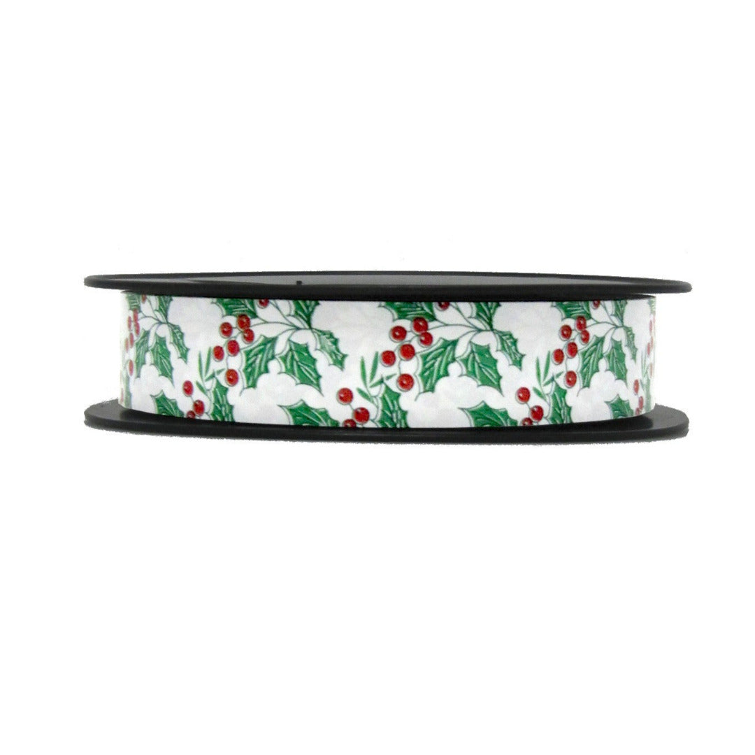 Bobine de bolduc imprimé gui avec dos argent 25 mm x 100 m – ruban décoratif festif pour emballages cadeaux et décorations de fin d’année