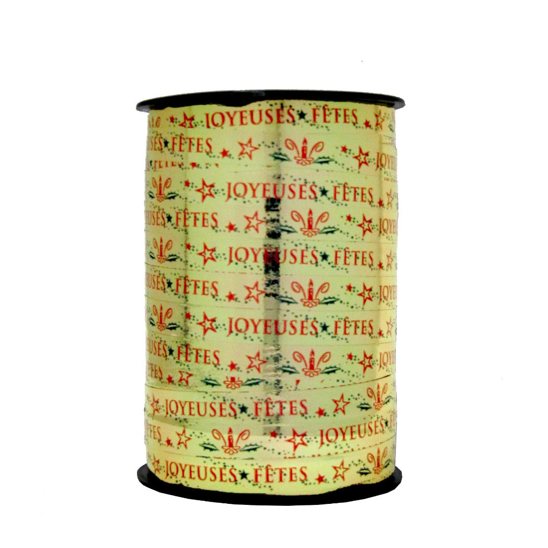 Bobine de bolduc imprimé Joyeuses fêtes 10 mm x 225 m – ruban décoratif pour emballages cadeaux et décorations de Noël