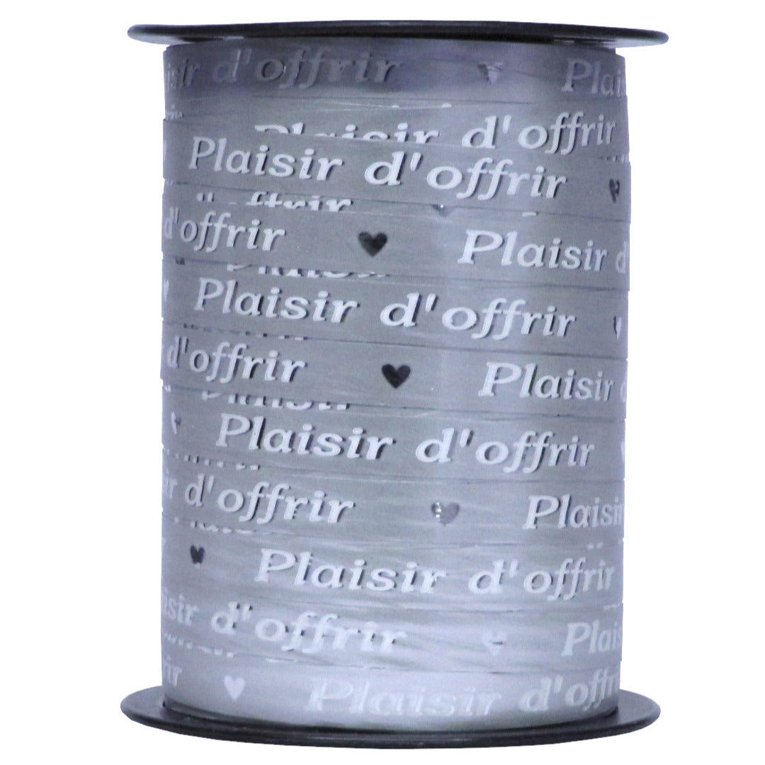 Bobine de bolduc imprimé Plaisir d’offrir argenté 10 mm x 225 m – ruban décoratif pour emballages cadeaux et compositions florales