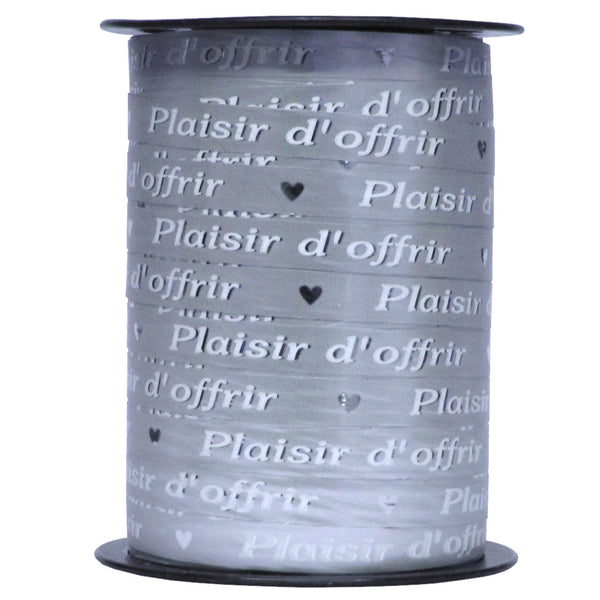 Bobine de bolduc imprimé Plaisir d’offrir argenté 10 mm x 225 m – ruban décoratif pour emballages cadeaux et compositions florales