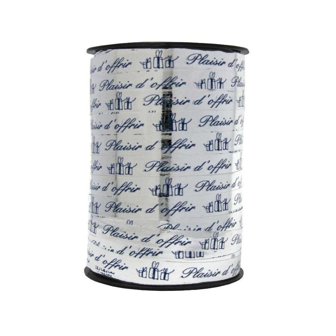 Bobine de bolduc imprimé Plaisir d’offrir argent et bleu 10 mm x 225 m – ruban décoratif pour emballages cadeaux et compositions florales