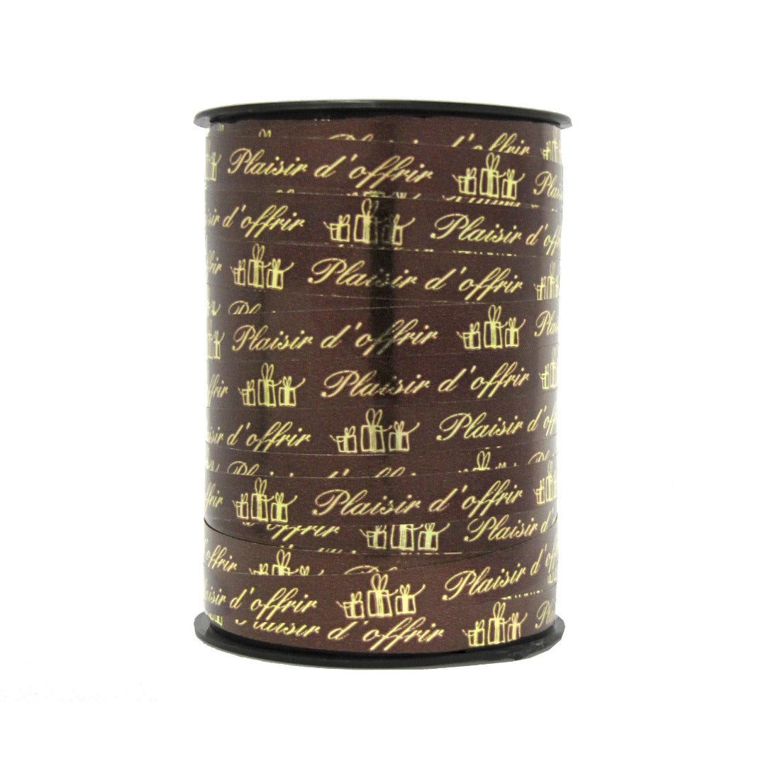 Bobine de bolduc imprimé Plaisir d’offrir brun et or 10 mm x 225 m – ruban décoratif pour emballages cadeaux et compositions florales