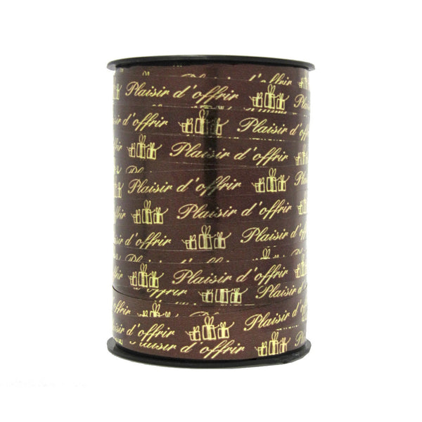 Bobine de bolduc imprimé Plaisir d’offrir brun et or 10 mm x 225 m – ruban décoratif pour emballages cadeaux et compositions florales