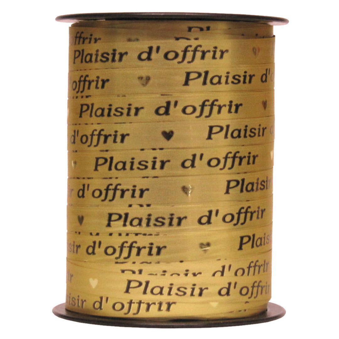 Bobine de bolduc imprimé Plaisir d’offrir doré 10 mm x 225 m – ruban décoratif pour emballages cadeaux et compositions florales