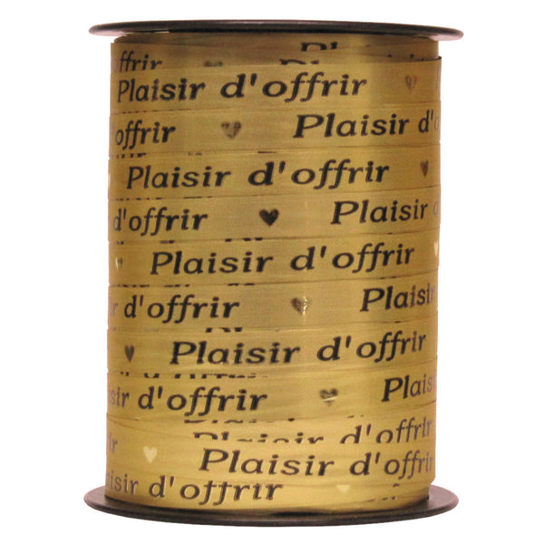 Bobine de bolduc imprimé Plaisir d’offrir doré 10 mm x 225 m – ruban décoratif pour emballages cadeaux et compositions florales