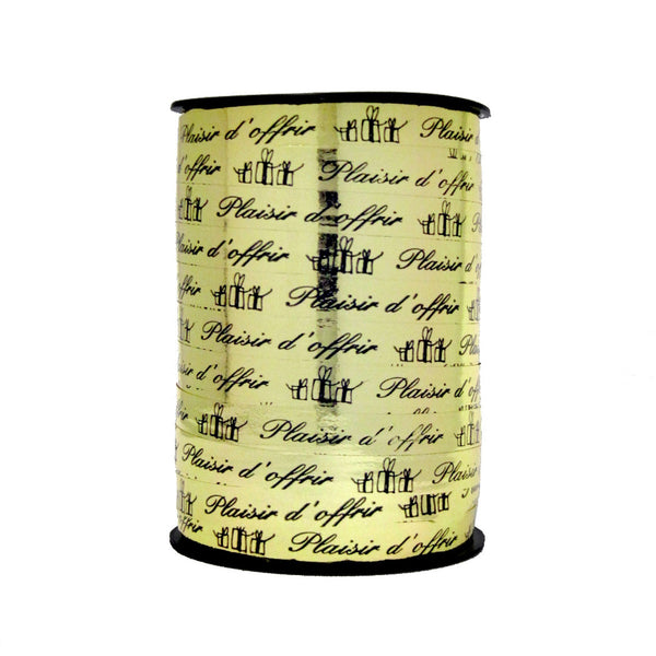 Bobine de bolduc imprimé Plaisir d’offrir or et noir  10 mm x 225 m – ruban décoratif pour emballages cadeaux et compositions florales