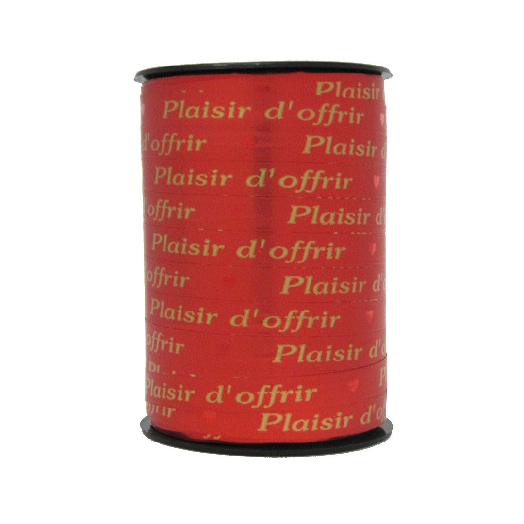 Bobine de bolduc imprimé Plaisir d’offrir rouge et or 10 mm x 225 m – ruban décoratif pour emballages cadeaux et compositions florales