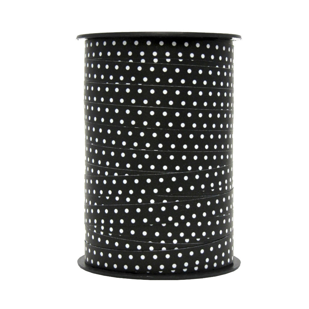 Bobine de bolduc imprimé pois mats blanc sur noir 10 mm x 225 m – ruban décoratif pour emballages cadeaux et décorations