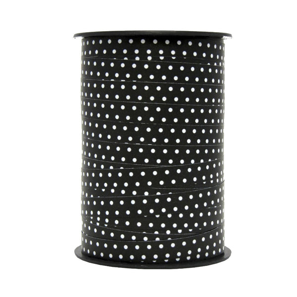 Bobine de bolduc imprimé pois mats blanc sur noir 10 mm x 225 m – ruban décoratif pour emballages cadeaux et décorations