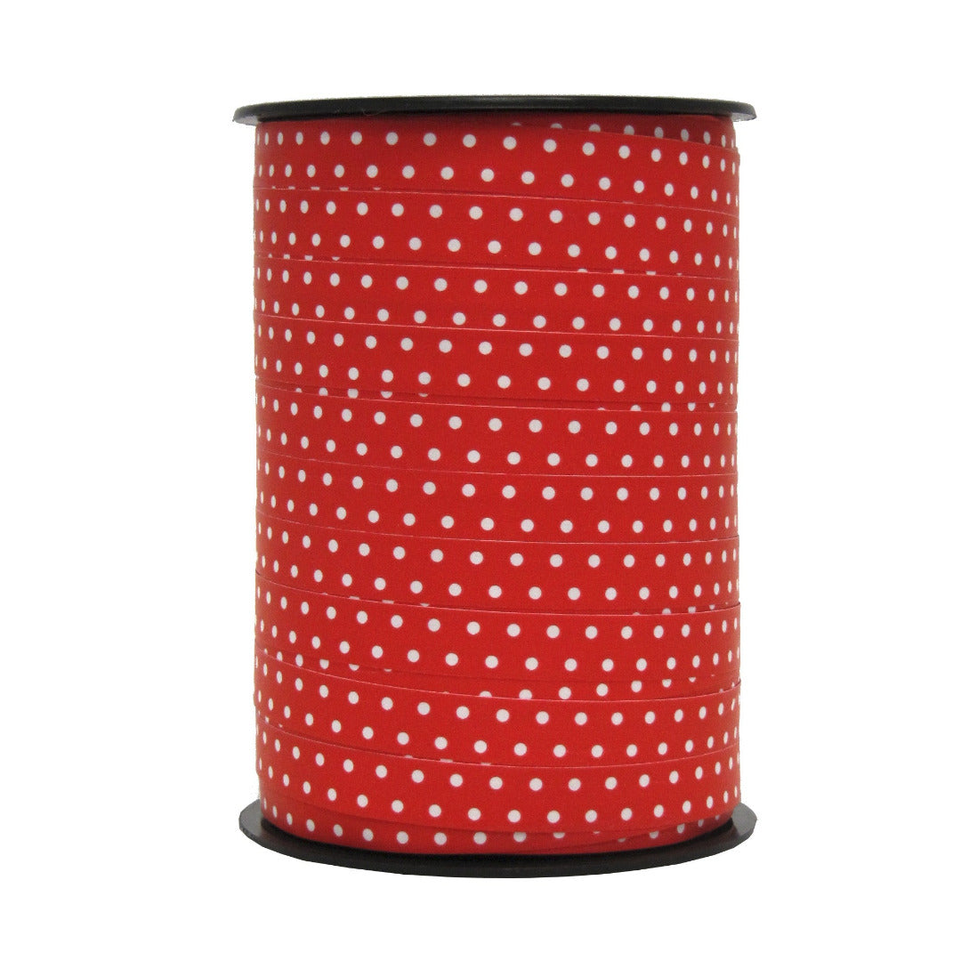 Bobine de bolduc imprimé pois mats blanc sur rouge 10 mm x 225 m – ruban décoratif pour emballages cadeaux et décorations