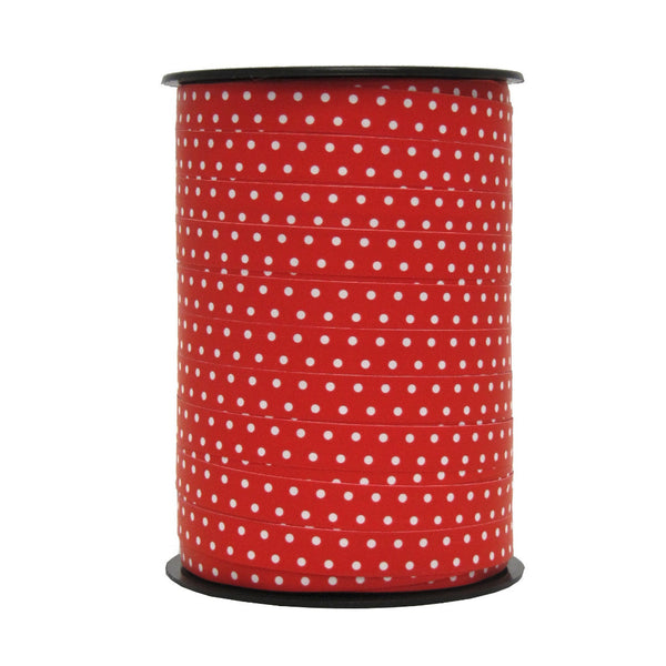 Bobine de bolduc imprimé pois mats blanc sur rouge 10 mm x 225 m – ruban décoratif pour emballages cadeaux et décorations