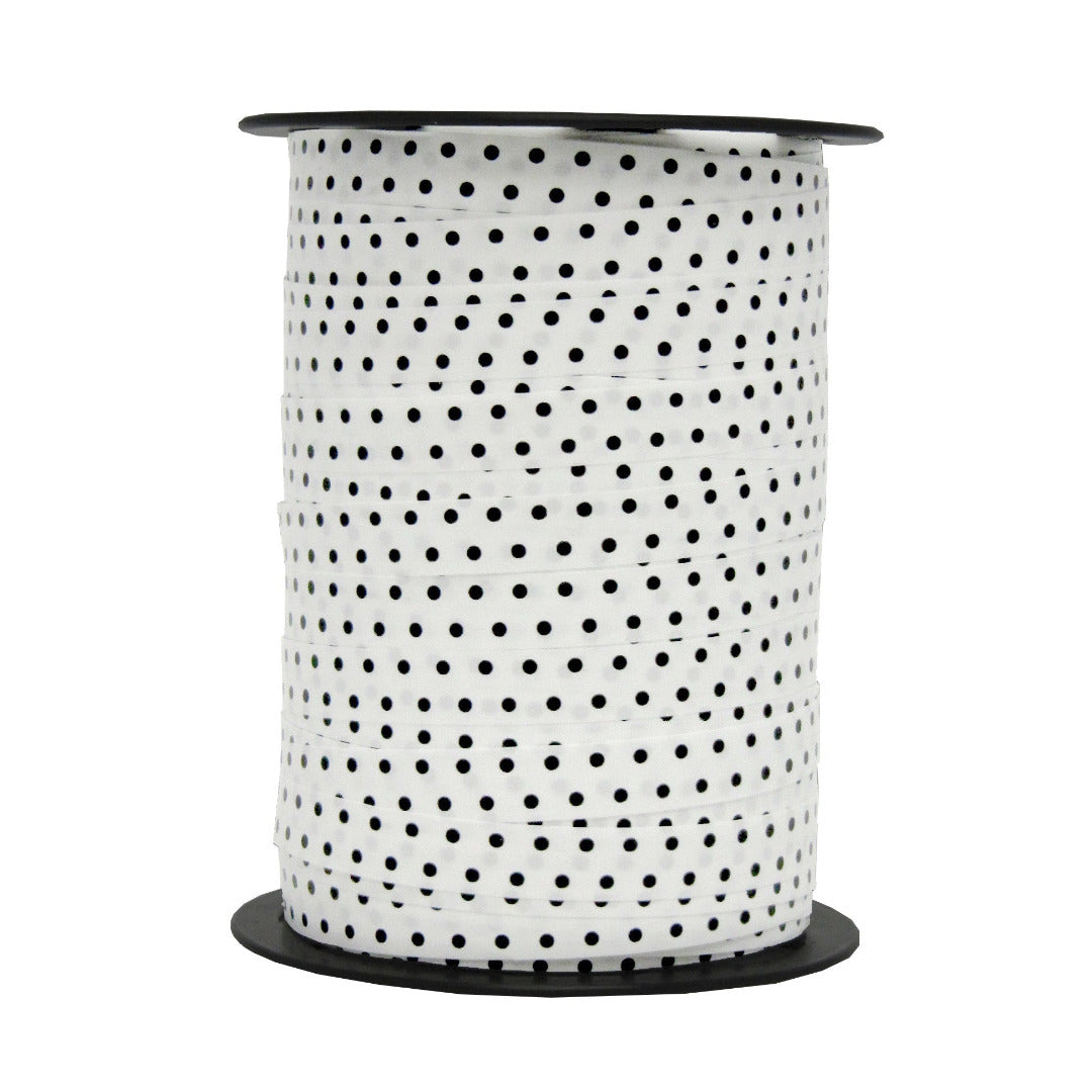 Bobine de bolduc imprimé pois mats noir sur blanc 10 mm x 225 m – ruban décoratif pour emballages cadeaux et décorations