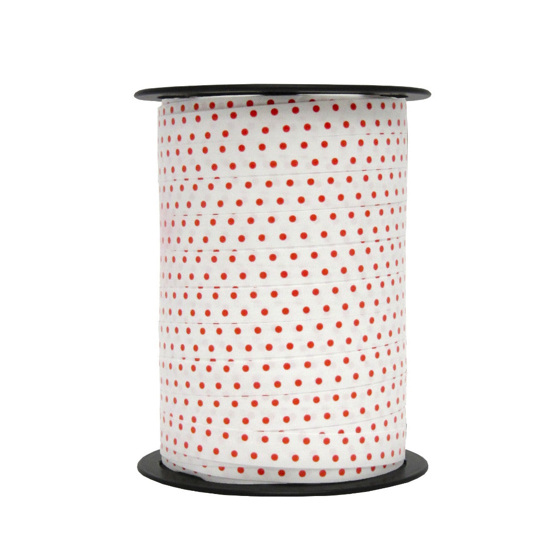 Bobine de bolduc imprimé pois mats rouge sur blanc 10 mm x 225 m – ruban décoratif pour emballages cadeaux et décorations