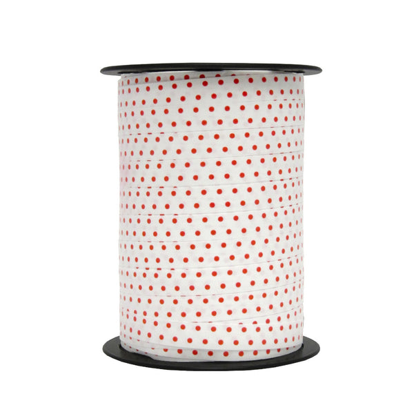Bobine de bolduc imprimé pois mats rouge sur blanc 10 mm x 225 m – ruban décoratif pour emballages cadeaux et décorations