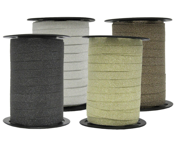 bobine de bolduc pailleté 10 mm x 100 m. Disponible en 4 couleurs scintillantes