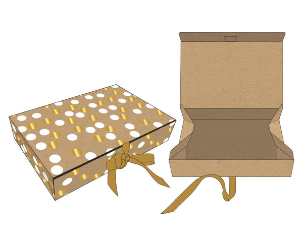 Boîte cadeau en papier kraft à pois blanc et or métallisé avec ruban doré – emballage élégant et résistant pour cadeaux et produits de boutique