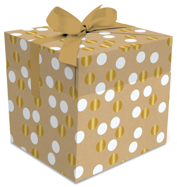 Boîte cube en papier kraft à pois blanc et or métallisé avec ruban doré – emballage cadeau chic et résistant disponible en deux formats