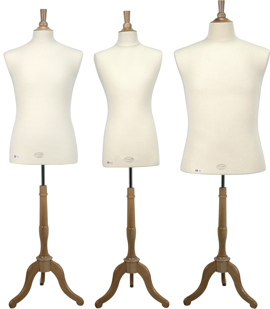 Buste de couture homme Vendôme sur base trépied en bois pour vitrine