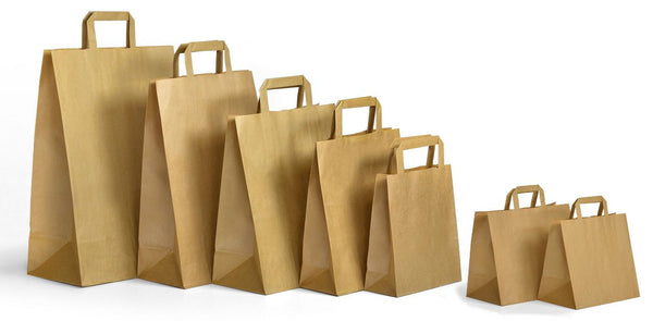 Cabas kraft brun à poignées plates, 80 g/m², recyclable, pratique et idéal pour commerces et épiceries.