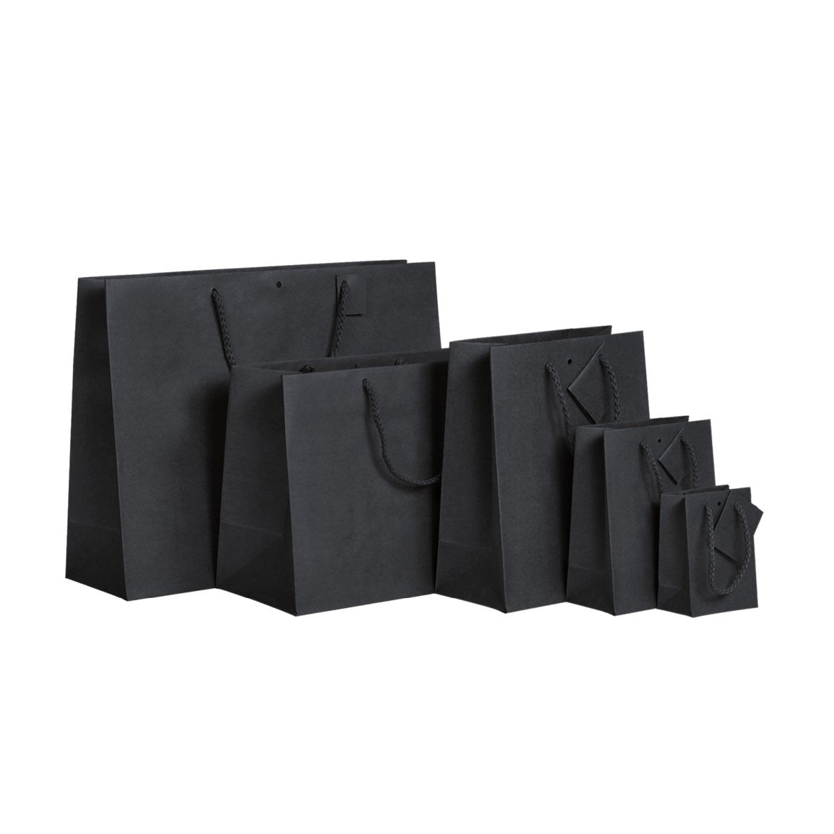 Cabas kraft noir intense 175 g/m² avec poignées papier et fond cartonné, disponible en 7 formats, élégant et recyclable.