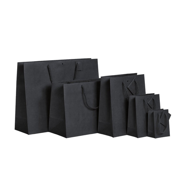 Cabas kraft noir intense 175 g/m² avec poignées papier et fond cartonné, disponible en 7 formats, élégant et recyclable.