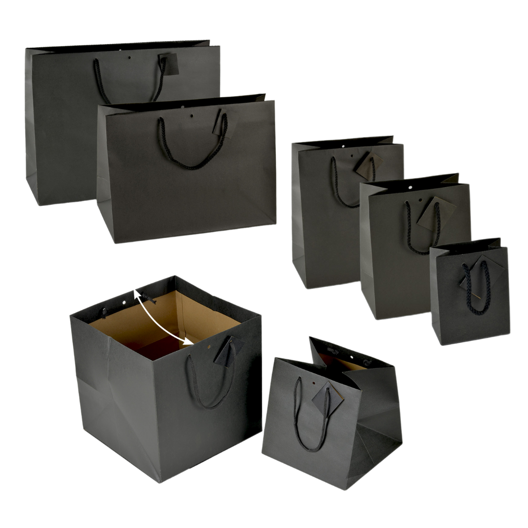 Cabas kraft noir intense 175 g/m² avec poignées papier et fond cartonné, disponible en 7 formats, élégant et recyclable.