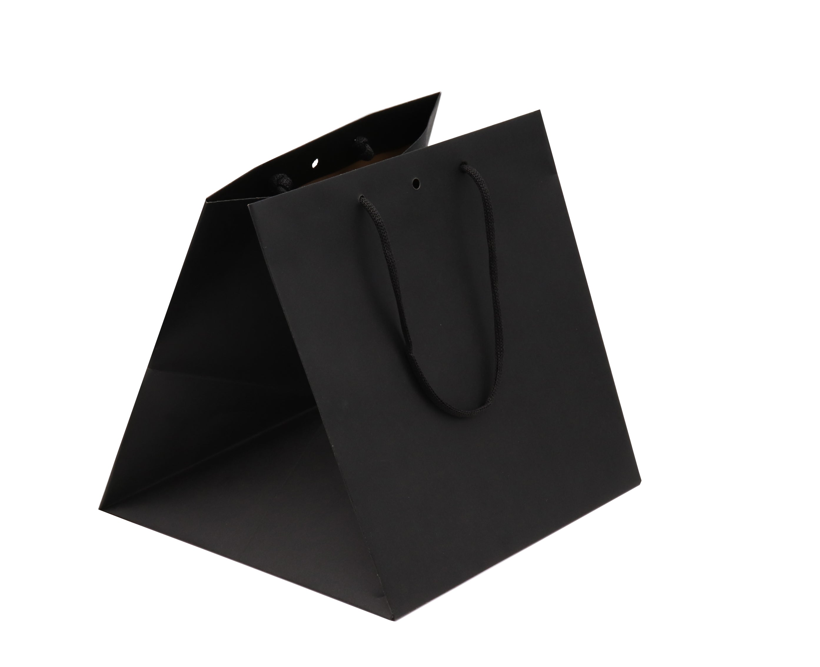 Cabas kraft noir intense 175 g/m² avec poignées papier et fond cartonné, cube, élégant et recyclable.