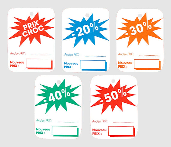 Étiquettes pourcentages pour soldes et promotions sur vêtement et accessoires