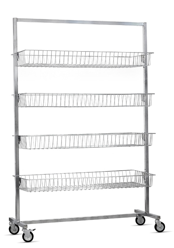 Présentoir chrome avec quatre paniers inclinables pour accessoires en magasin