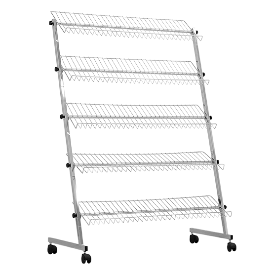 Présentoir chrome avec cinq rayons inclinables pour accessoires en boutique