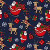 Rouleau papier cadeau de Noël, père noël avec cadeaux bleu, largeur 0,7 m et longueur 100 m, motifs festifs variés, idéal pour emballages cadeaux professionnels en période de fêtes.