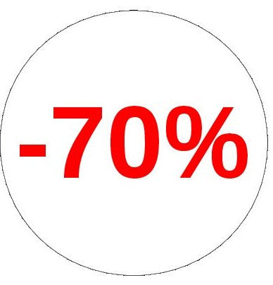 Rouleau de pastilles adhésives blanc impression rouge -70% Ø 32 mm pour promotions et soldes en magasin – 1000 pièces